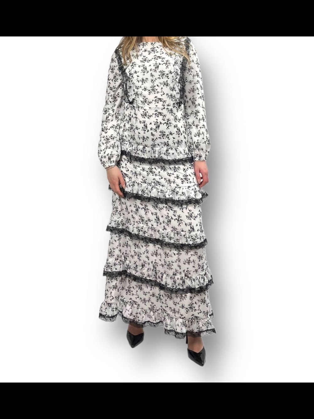 Romantic Black & White Floral Tiered Dress, Lace Detail, Victorian Goth